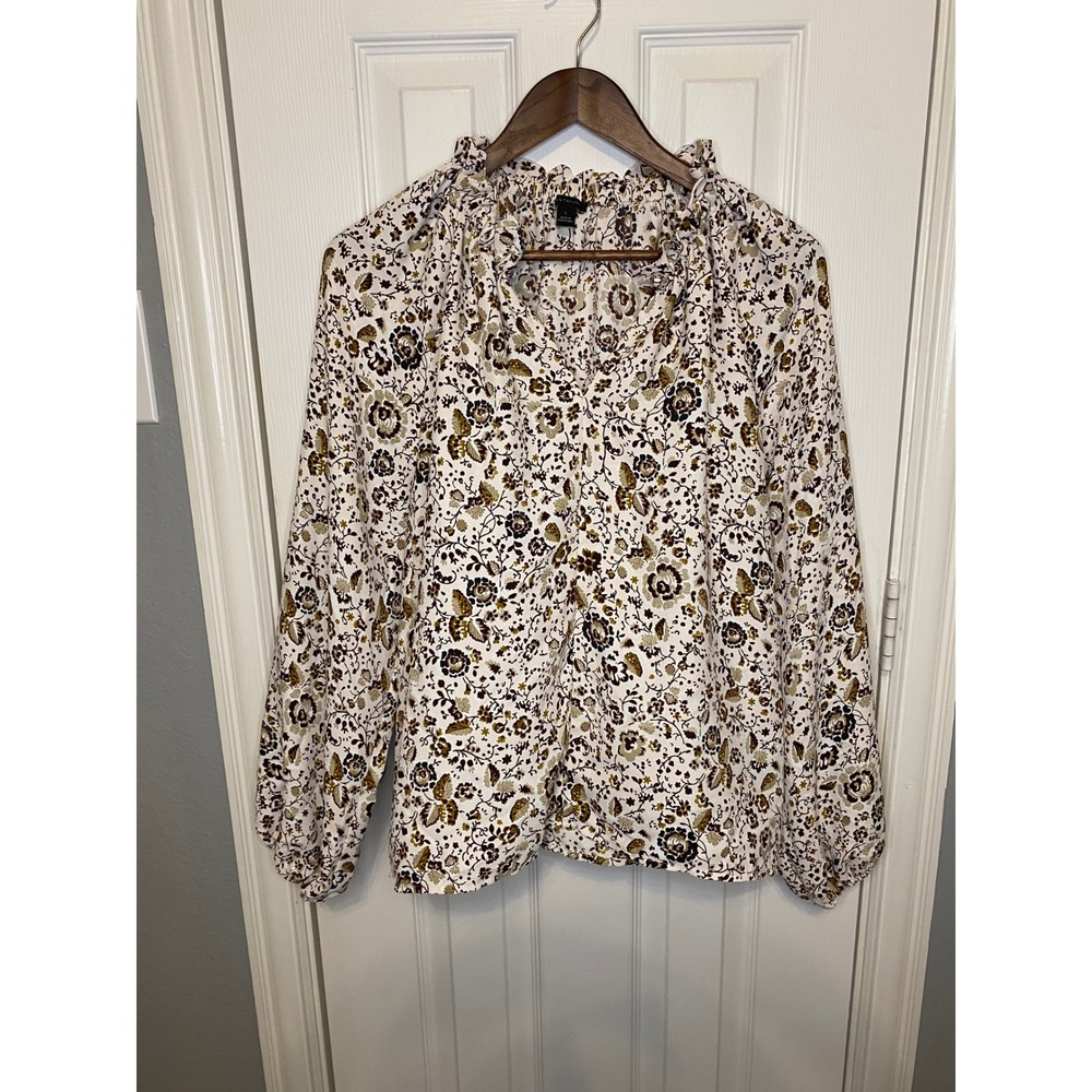 Ann Taylor Floral Ruffle Neck Balloon Sleeve Blouse Brown Cream Mustard Large